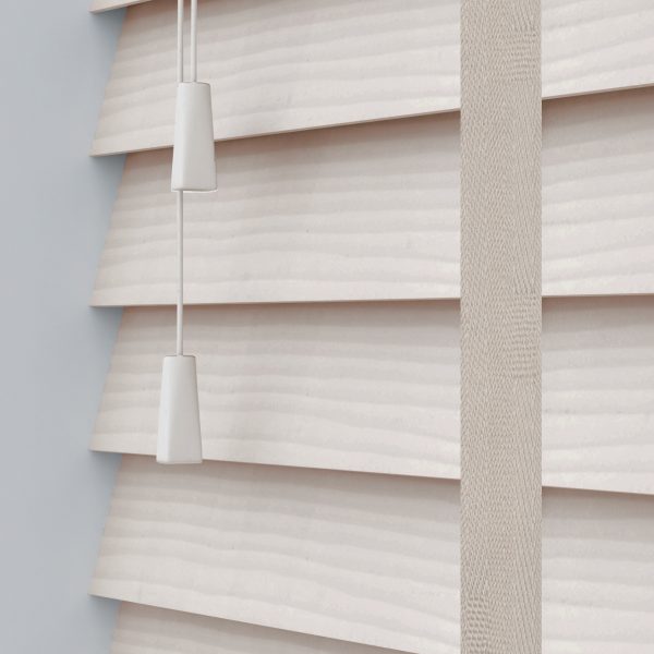 Gravity Fine Grain Mist Made to Measure Fauxwood blinds with decorative tapes